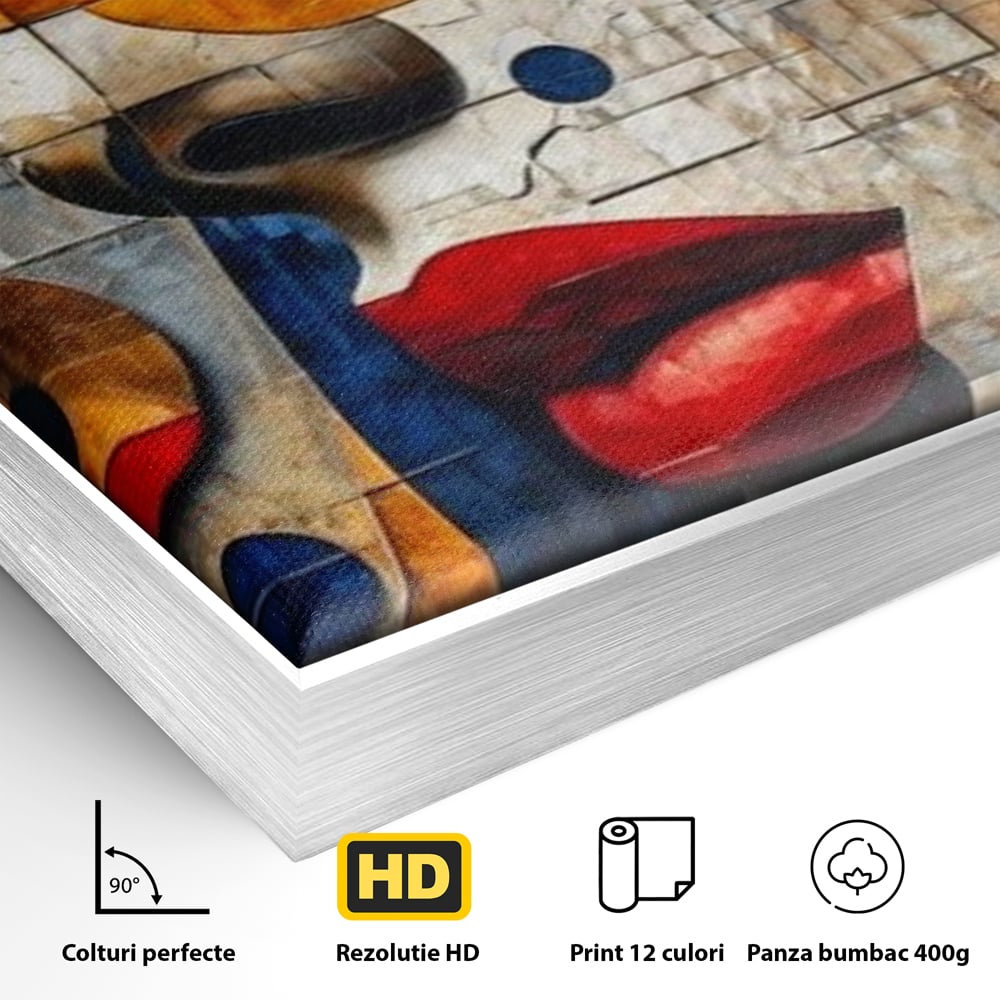 Detaliu al suprafetei: tablou canvas cu portret abstract in stil mozaic, in rama de aluminiu argintiu